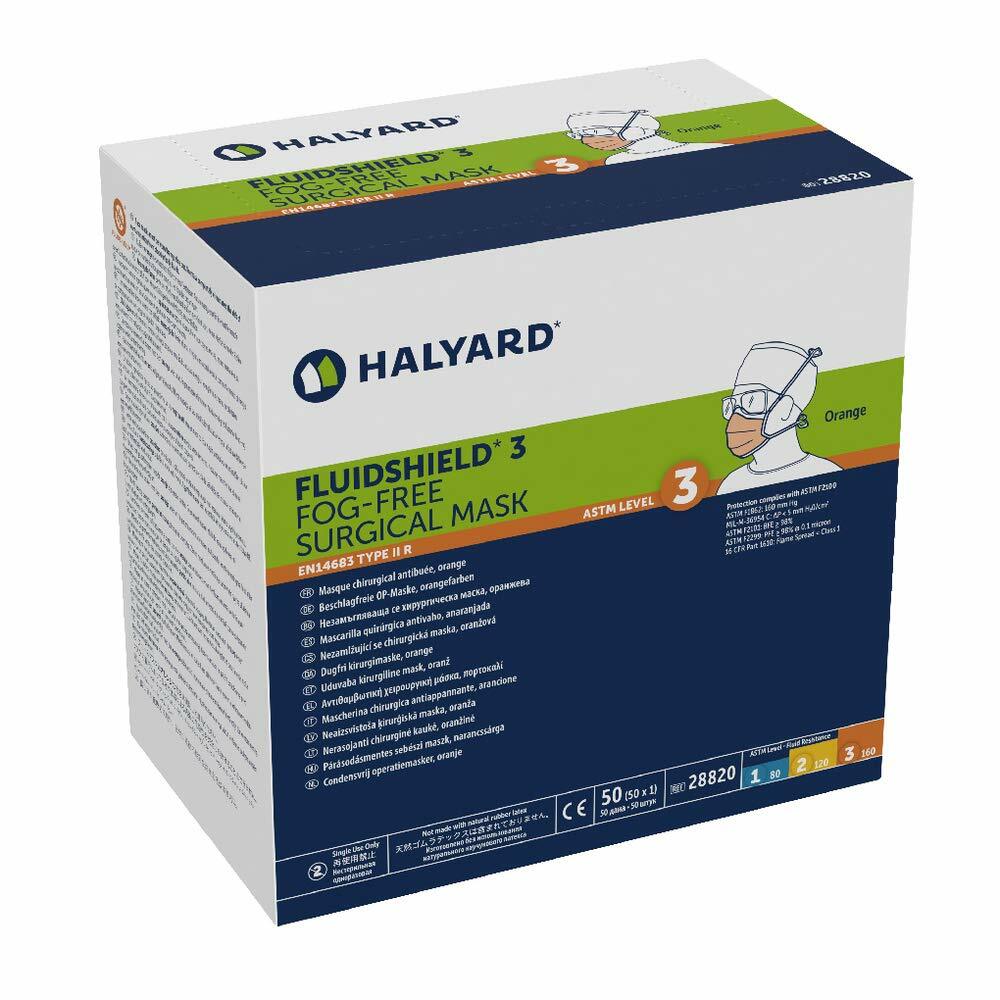 50-Pieces Halyard FluidShield ASTM Level 3 Fog-Free Surgical Face Mask 28820